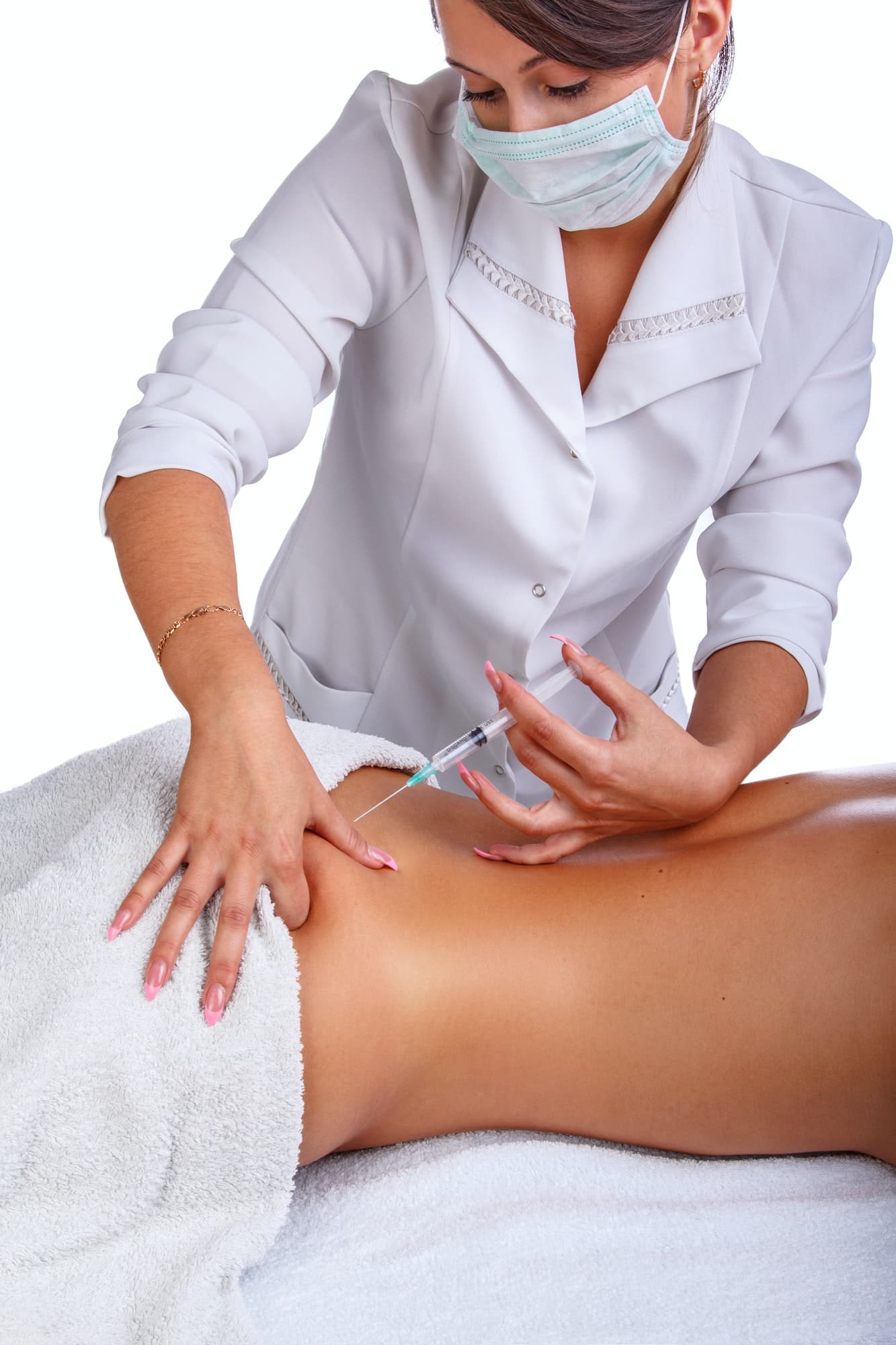 Syringe injection in to woman's back.